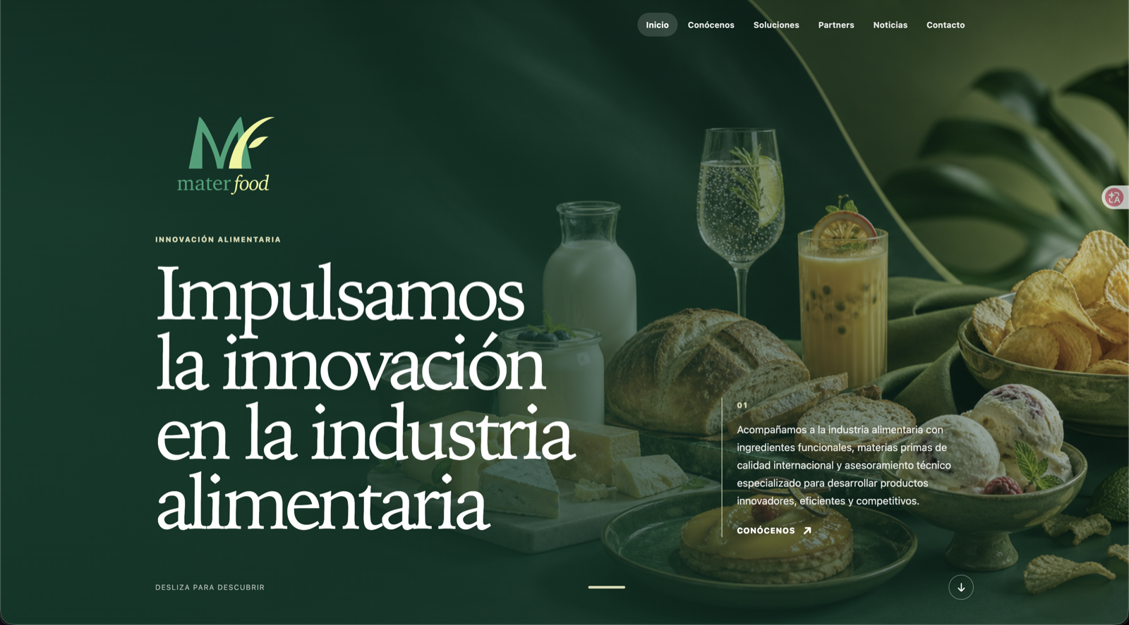 Página de inicio del sitio web de Mater Food