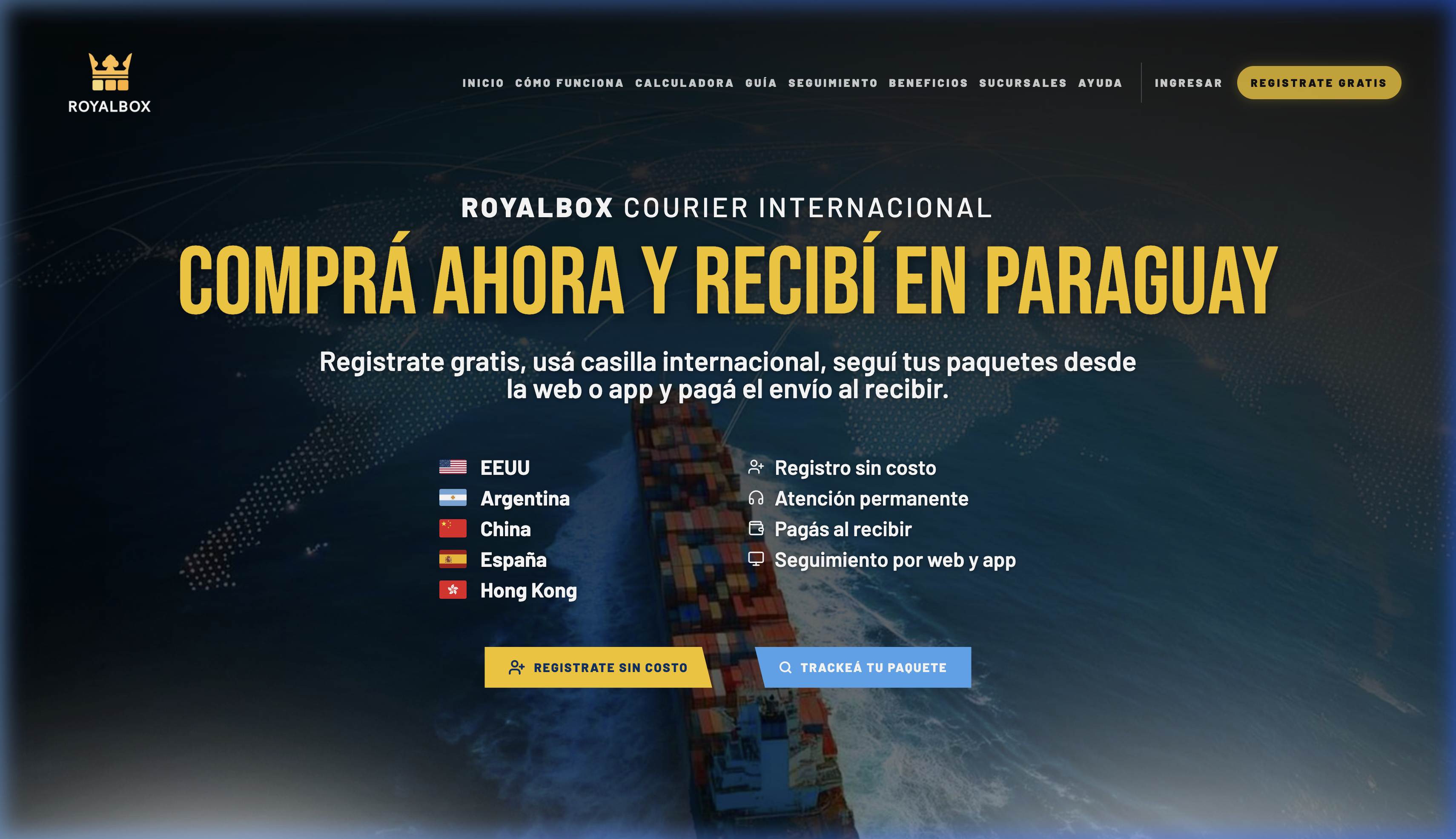 Landing page de RoyalBox Cargo - Courier Internacional